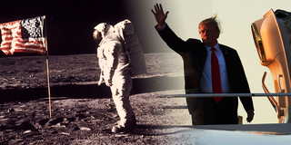 Den amerikanska presidenten Donald Trump drar nu igång ett projekt med målet att åter skicka astronauter till månen och på sikt även Mars. (Foto: TT / Montage)
