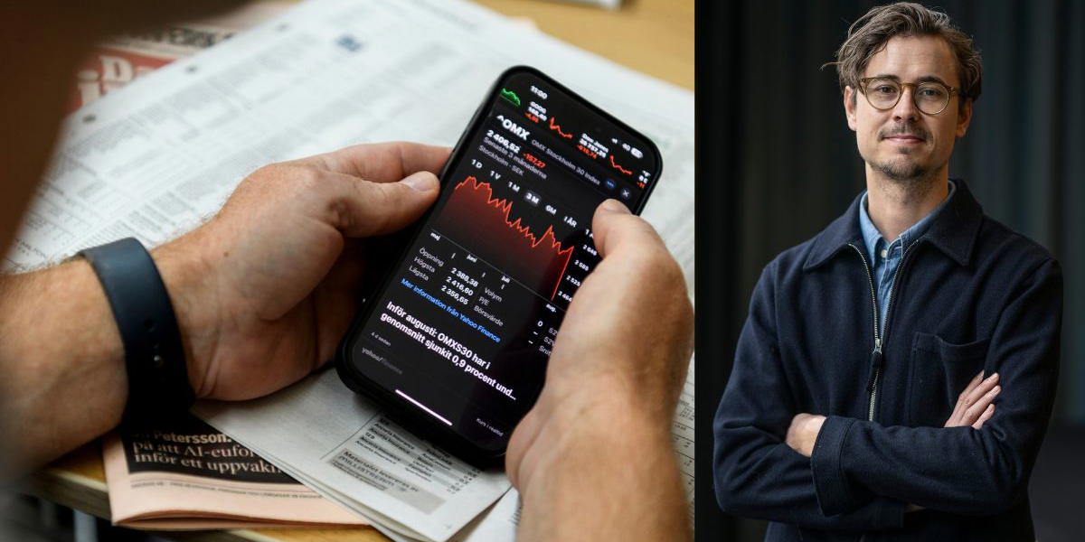 Händer som håller i en mobiltelefon som visar börssiffror samt en bild på Carl-Henrik Söderberg, sparekonom på Nordnet.