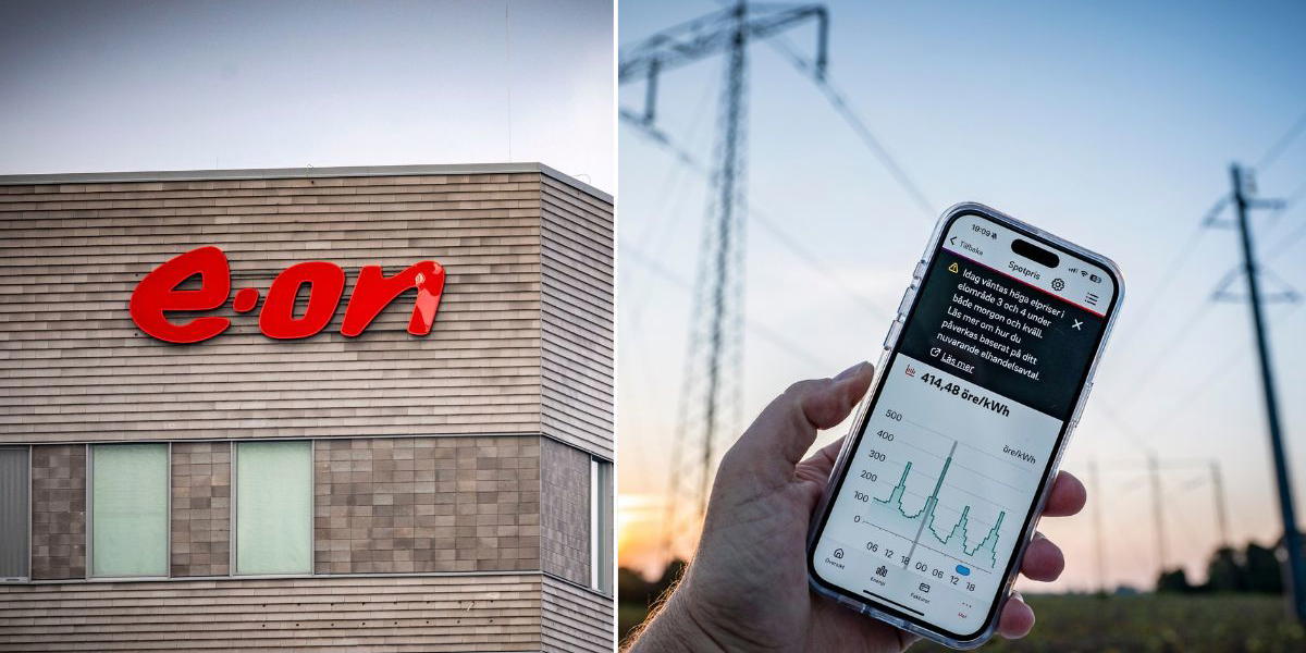 Eon-skylt och en mobiltelefon.