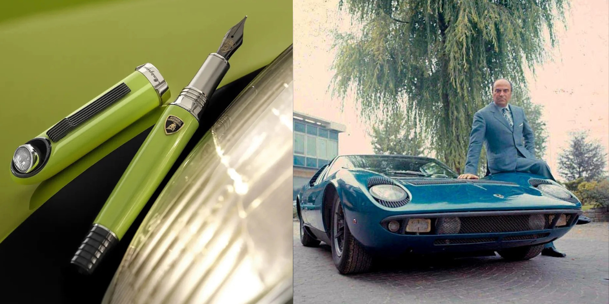 Jubileumspennan bredvid en bild på Nuccio Bertone, som till stor del designade Miura.