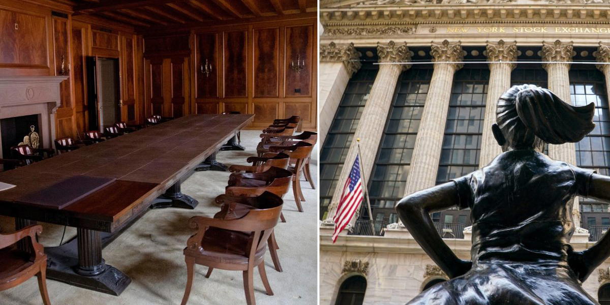 Ett styrelserum samt bronsskulpturen ”Fearless Girl” som blickar mot New York-börsen från sin plats vid vägkanten i New York.