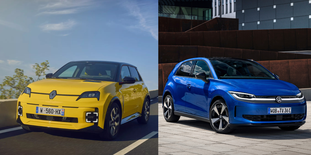 Montagebild med Renault 5 bredvid Volkswagen ID Polo.