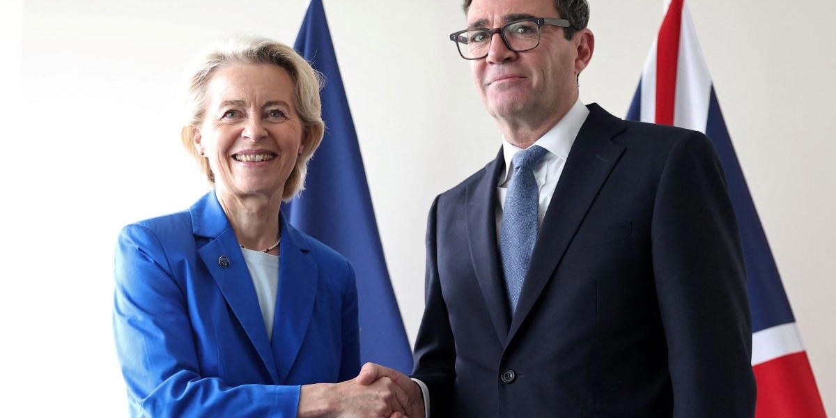 En glad Ursula von der Leyen – och en betänksam Andy Burnham. En karaktäristik av läget när EU och britter överväger en brittisk EU-comeback?